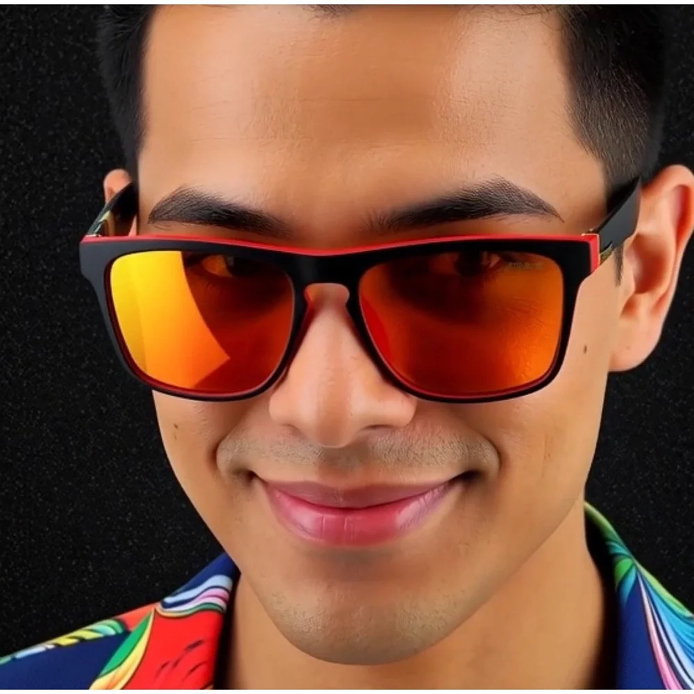 Mens Polarized Sport‎ Sunglasses Red Black Frame Orange Fire Mirror Lenses Beach
